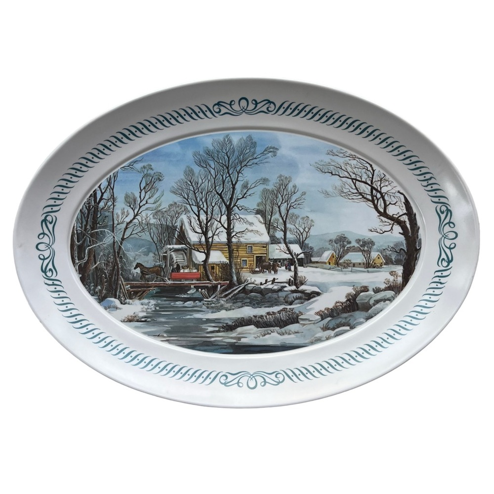 Vintage‎ Brookpark Snow Log Cabin Winter Melamine Melmac 1521 Large Oval Platter
